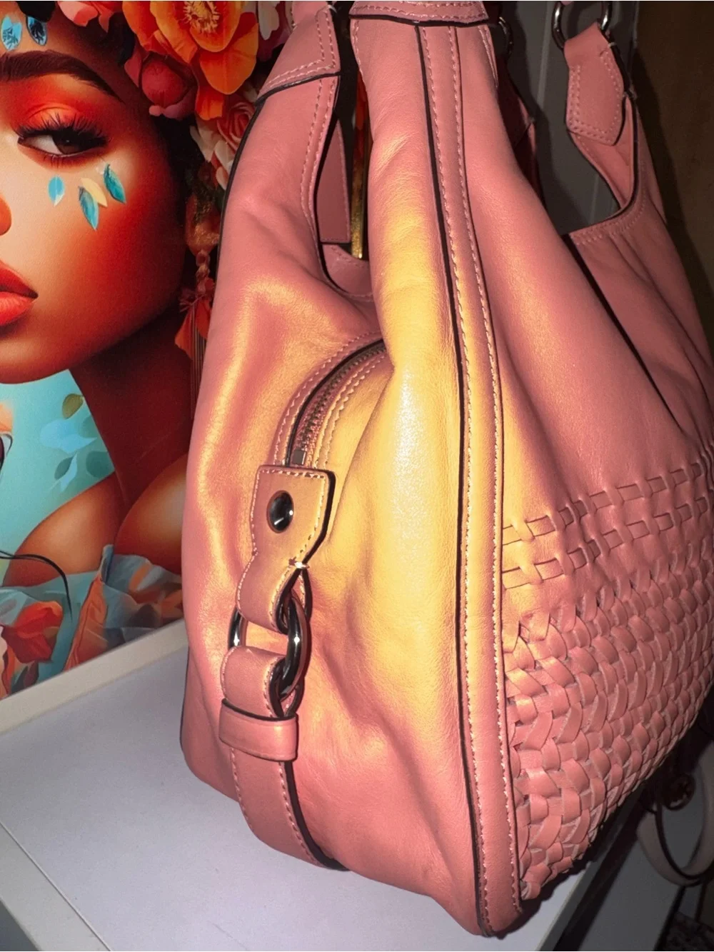 EUC Coach Coral Pink Woven Leather Hobo Shoulder Bag with Triple Entry - Picture 10 of 16